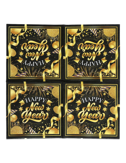 20 papírových ubrousků pro šťastný nový rok černé a zlaté 33 x 33 cm