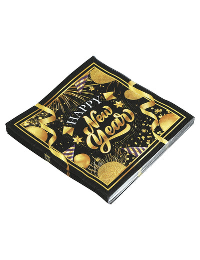 Serviettes en papier Happy new year pour fête noir et or