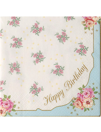 20 papírových ubrousků happy birthday čajový dýchánek mezi kamarádkami růžové květy 33 x 33 cm 