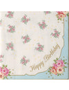 Détail de l'inscription dorée des serviettes en papier Happy Birthday pour thé entre copines fleurs roses