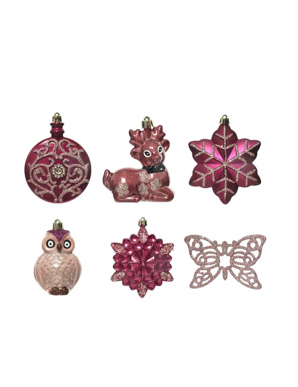 Růžové závěsné ozdoby s třpytkami a motýli na vánoční stromeček