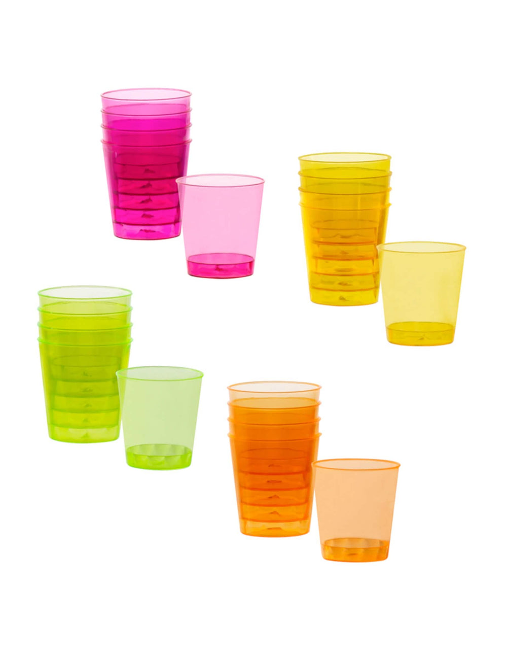 20 plastových panáků v mnoha barvách na párty v růžové, žluté, zelené a neon oranžové