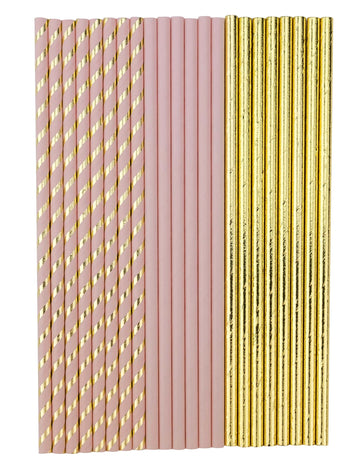 22 práškově růžových a zlatých kartonových brček 19.5 cm k narozeninám