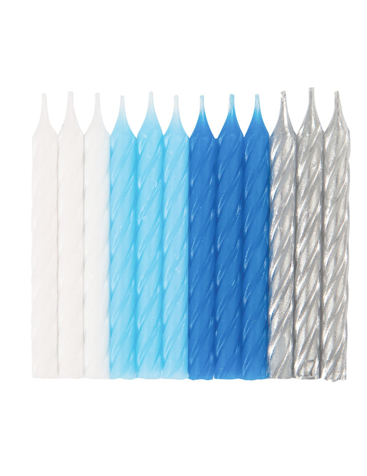 Bougies d'anniversaire pour fête bleues blanches et argentées torsadées