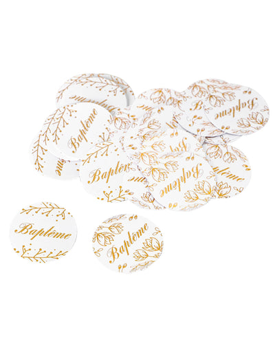 Confettis ronds de baptême pour décoration blancs et fleuris dorés