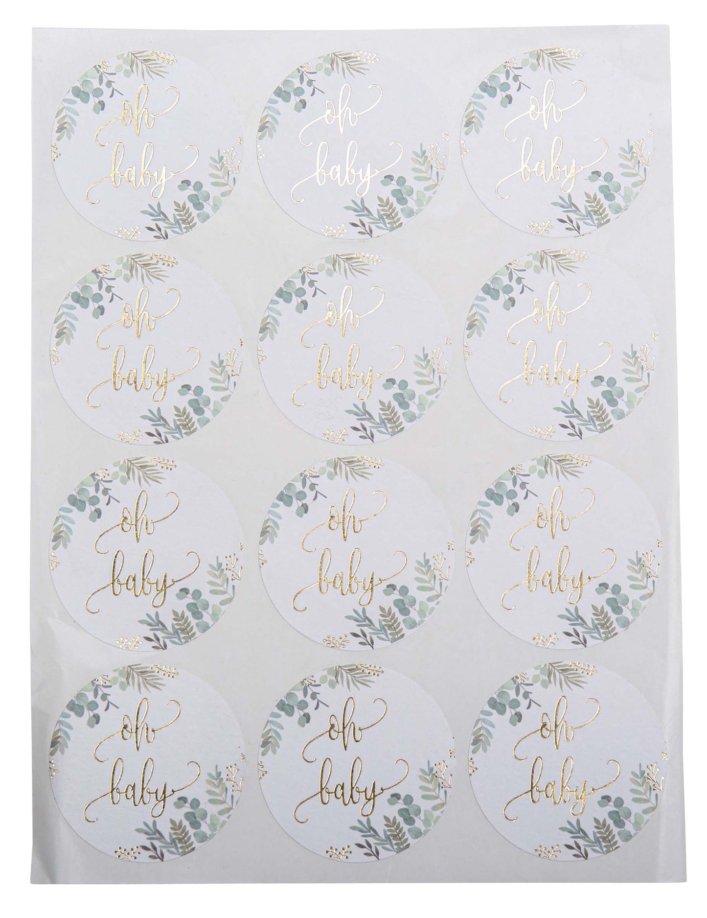 Stickers ronds Oh Baby végétal pour baby shower blanc et or avec motif feuillage