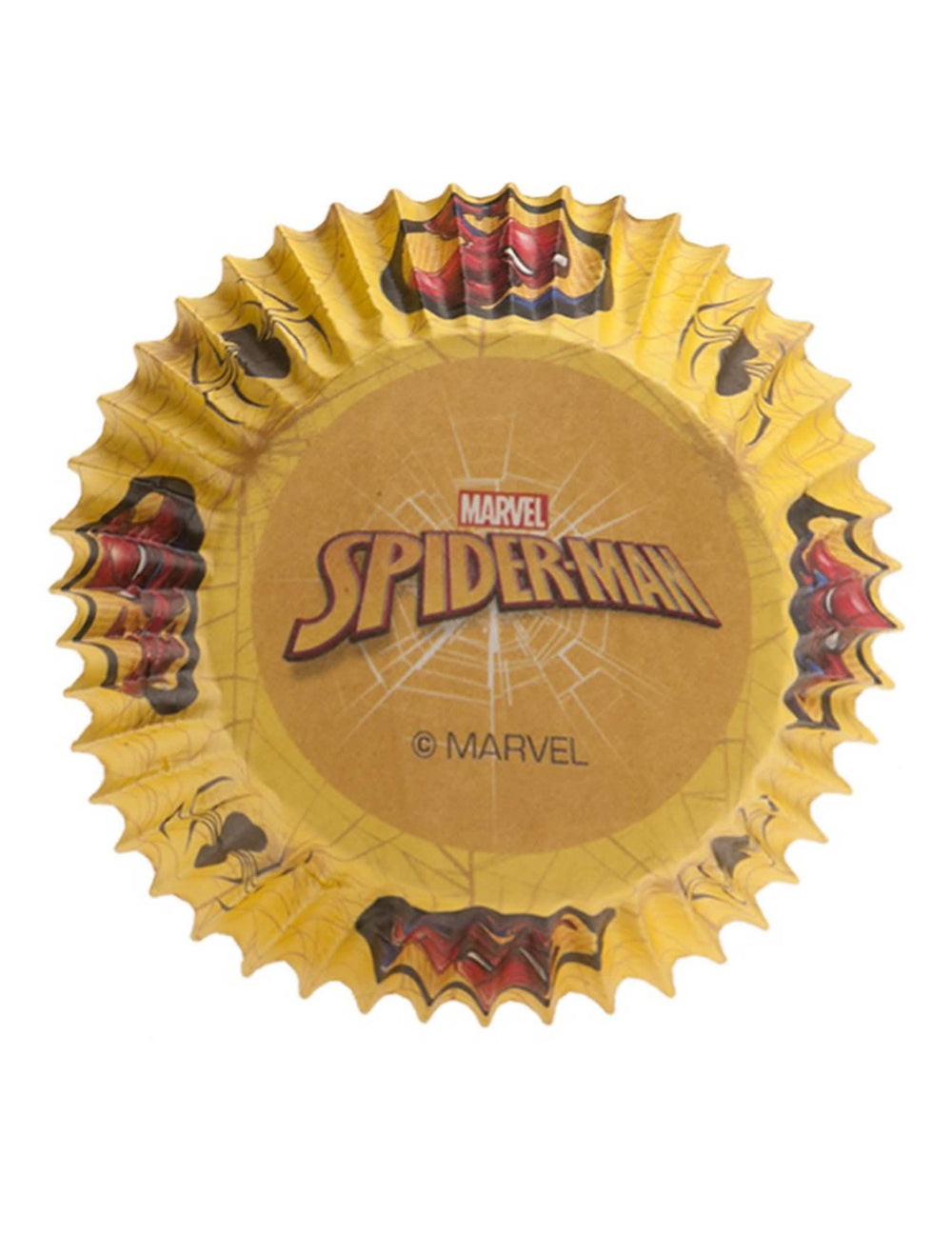 Detail loga pod pozadím papírových košíčků na cupcakes Spiderman