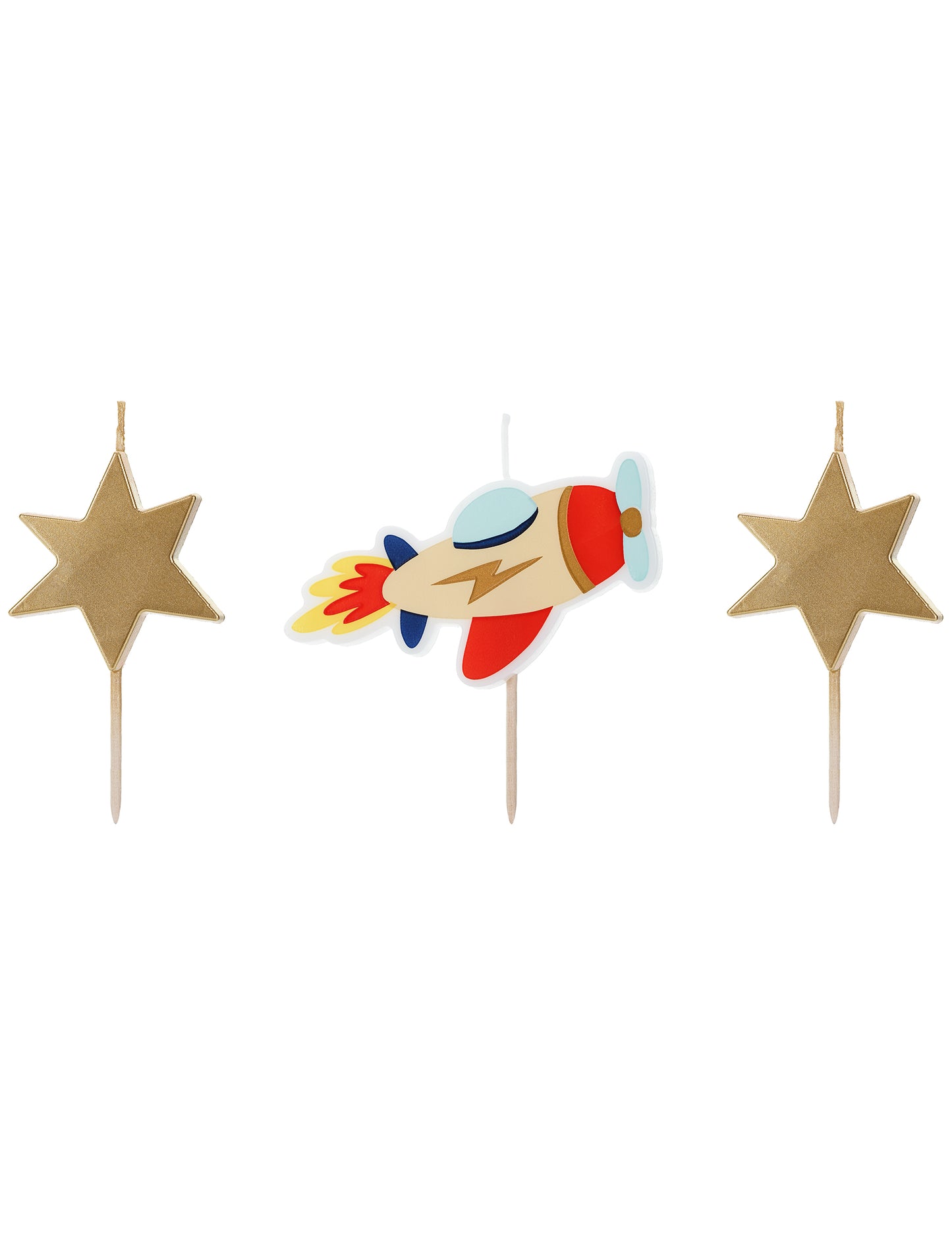 3 narozeninové svíčky, malé letadlo a zlaté hvězdy