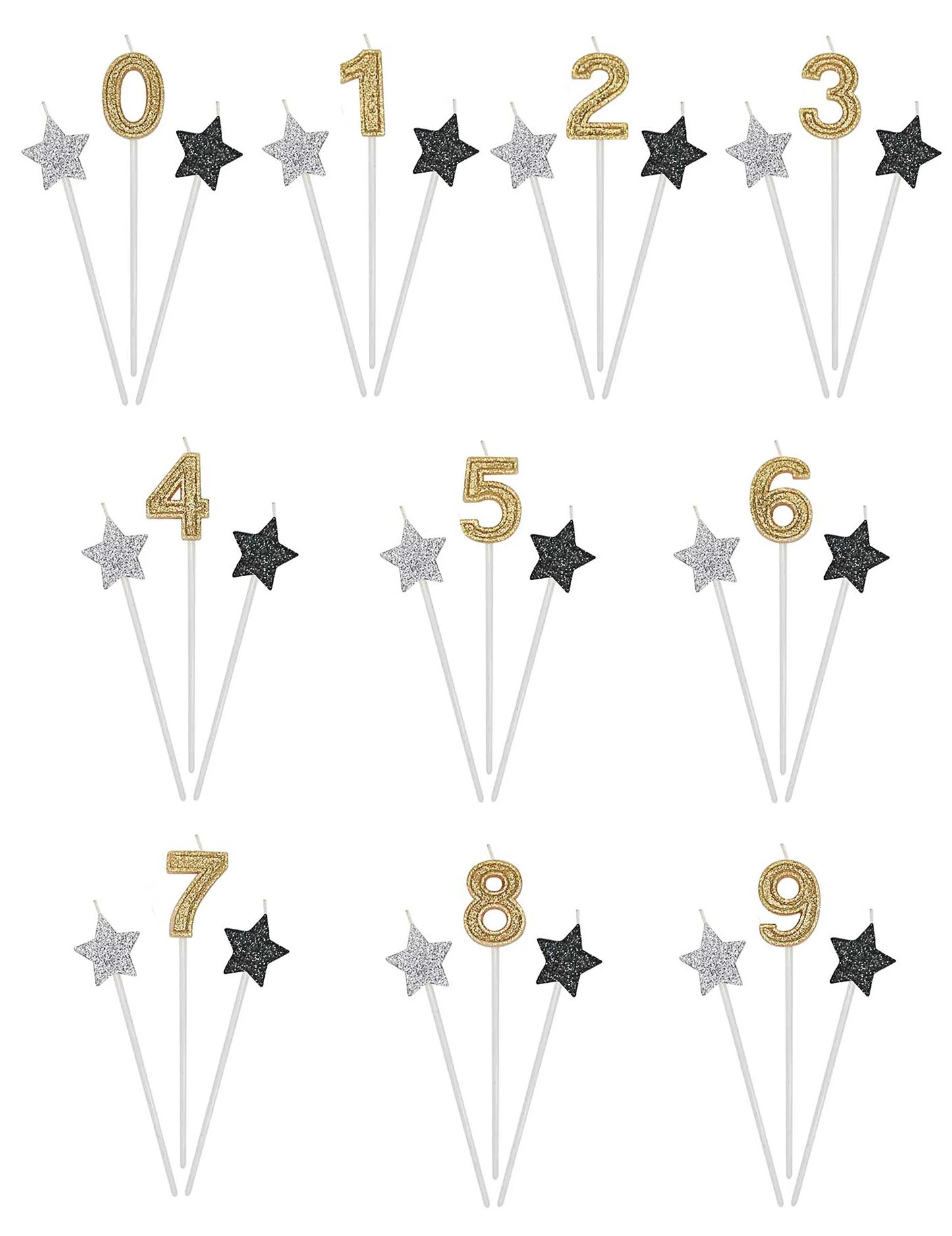 Bougies d'anniversaire chiffre pour gâteau dorées argentées et noires pailletées