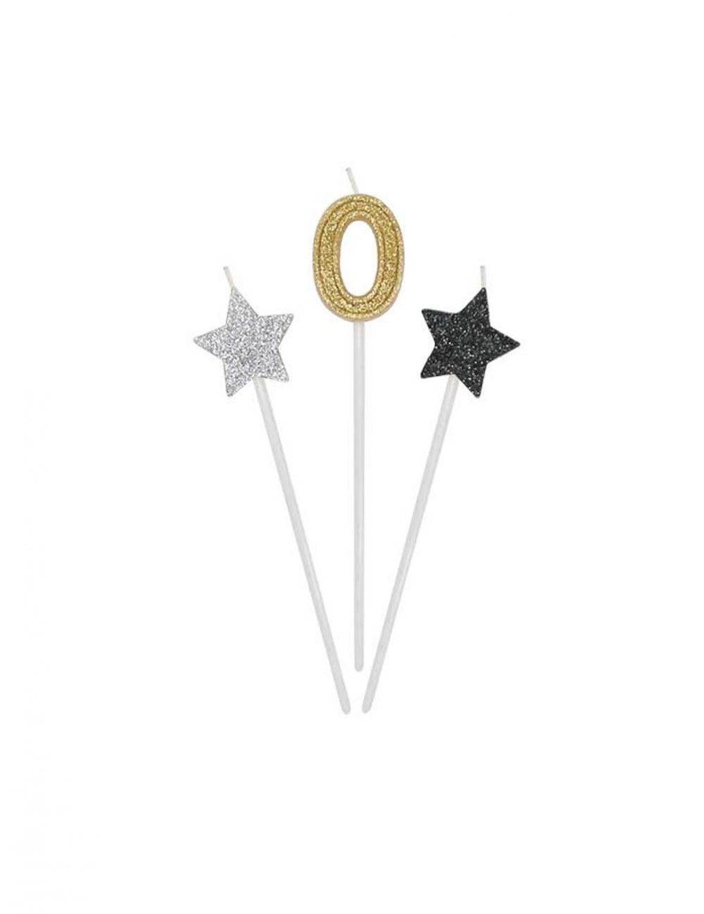 Détail du chiffre 0 et des étoiles des bougies d'anniversaire chiffre pour gâteau dorées argentées et noires pailletées