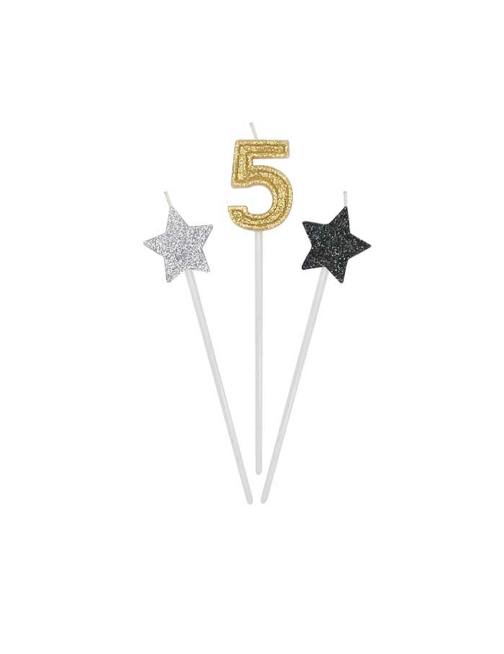 Détail du chiffre 5 et des étoiles des bougies d'anniversaire chiffre pour gâteau dorées argentées et noires pailletées