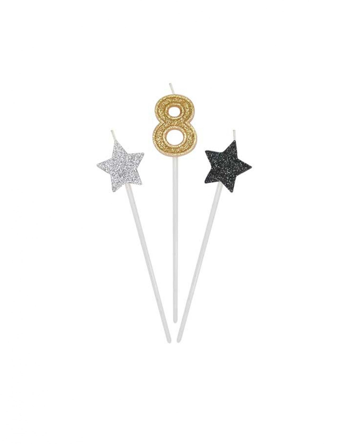 Détail du chiffre 8 et des étoiles des bougies d'anniversaire chiffre pour gâteau dorées argentées et noires pailletées
