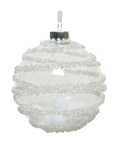 Boule en verre décor neige pour décoration de Noël transparente avec pompons blancs