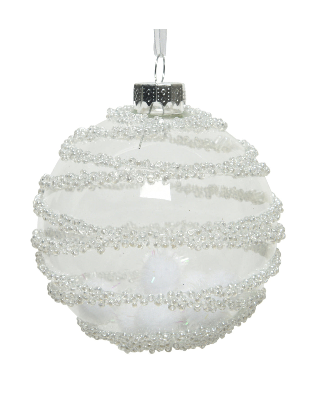 Boule en verre décor neige pour décoration de Noël transparente avec pompons blancs