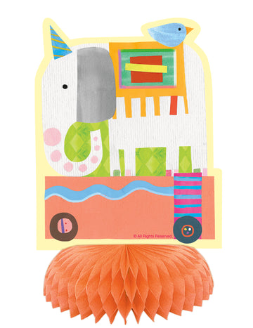 Centre de table en papier petit cirque éléphant orange avec base alvéolée