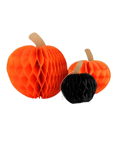 3 oranžové a černé dýně z voštinového papíru 10 cm 13 cm a 18 cm