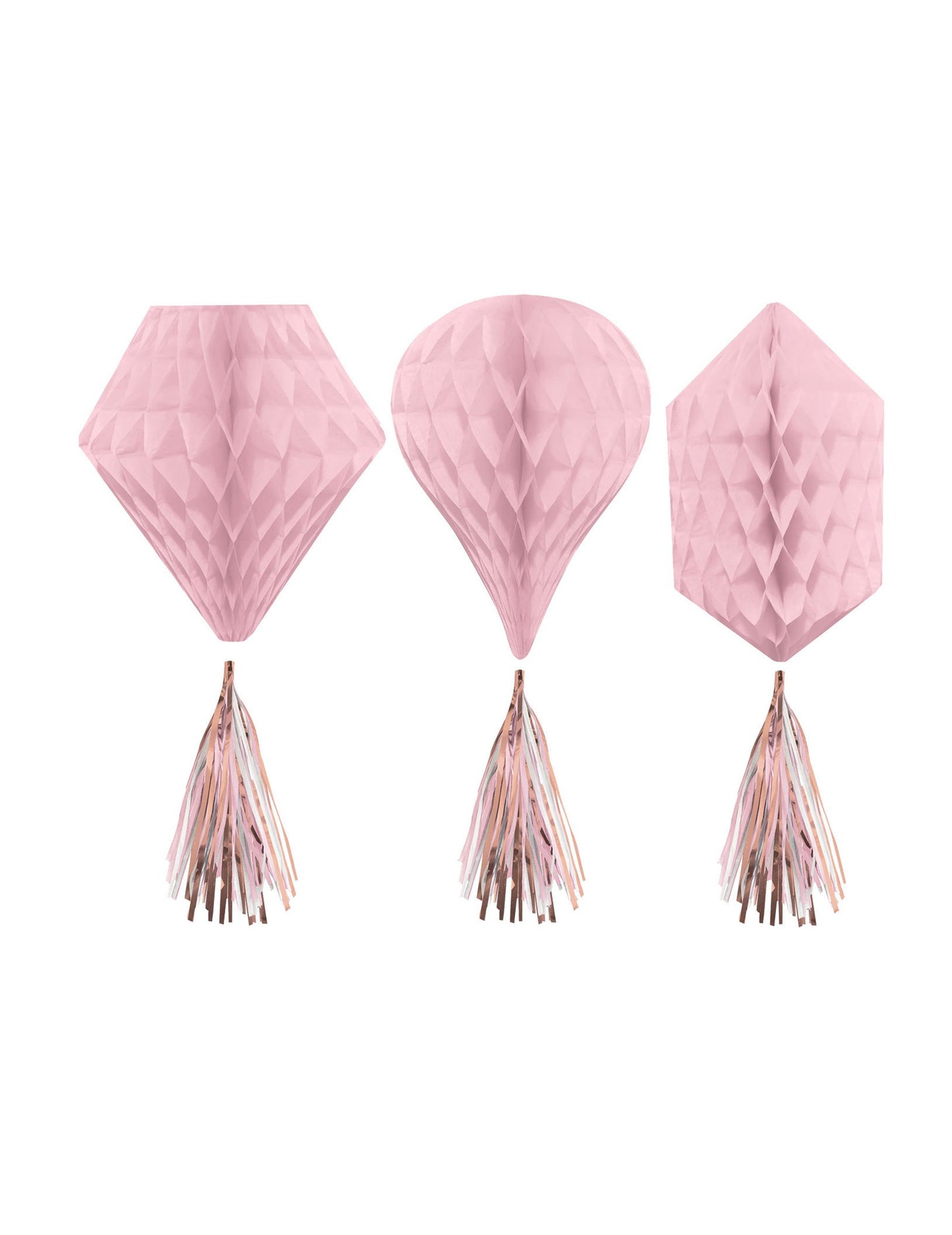 3 voštinové závěsné dekorace z růžového zlatého papíru 30 cm s bambulkami