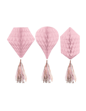 3 voštinové závěsné dekorace z růžového zlatého papíru 30 cm s bambulkami