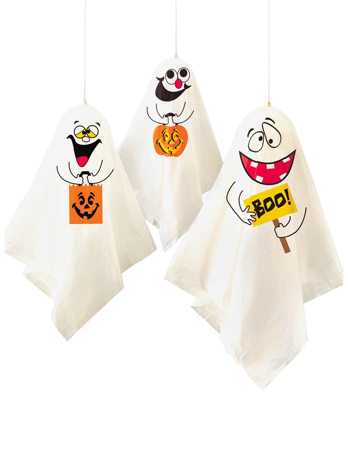 3 duchové k zavěšení na Halloween pro dekoraci bílé s dýní a oranžovým pytlem