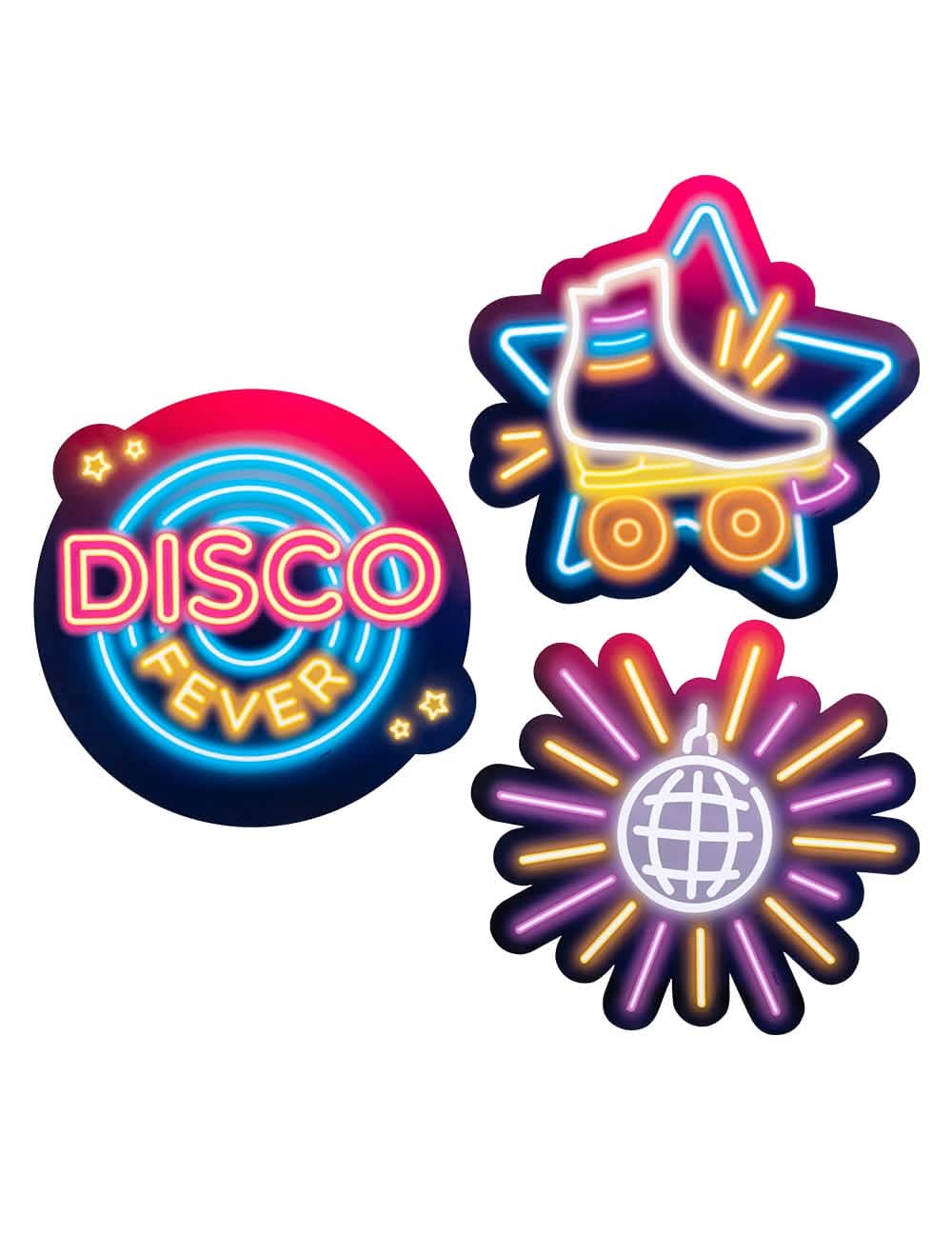 Kartonové dekorace disco fever na párty s neonovým růžovým a modrá vzhledem s bruslí a koulí