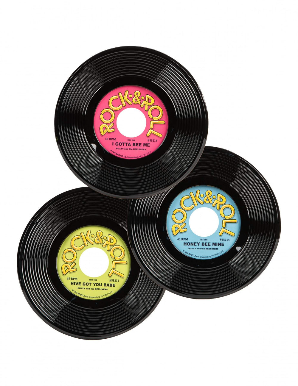 3 vinylové desky dekorace rock & roll pro oslavu černá růžová žlutá a modrá