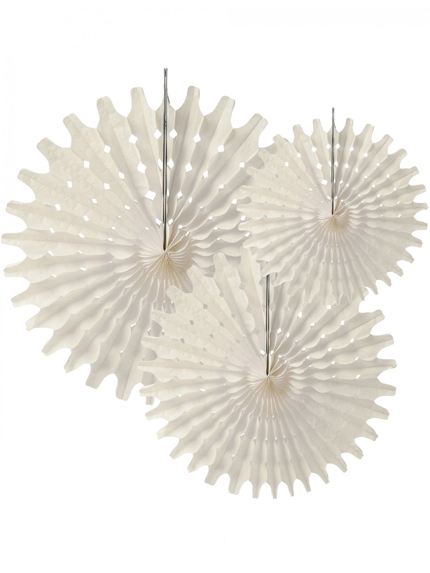 3 papírové vějířové rozety v barvě slonové kosti 20, 30 a 40 cm k zavěšení 