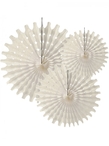 3 papírové vějířové rozety v barvě slonové kosti 20, 30 a 40 cm k zavěšení 