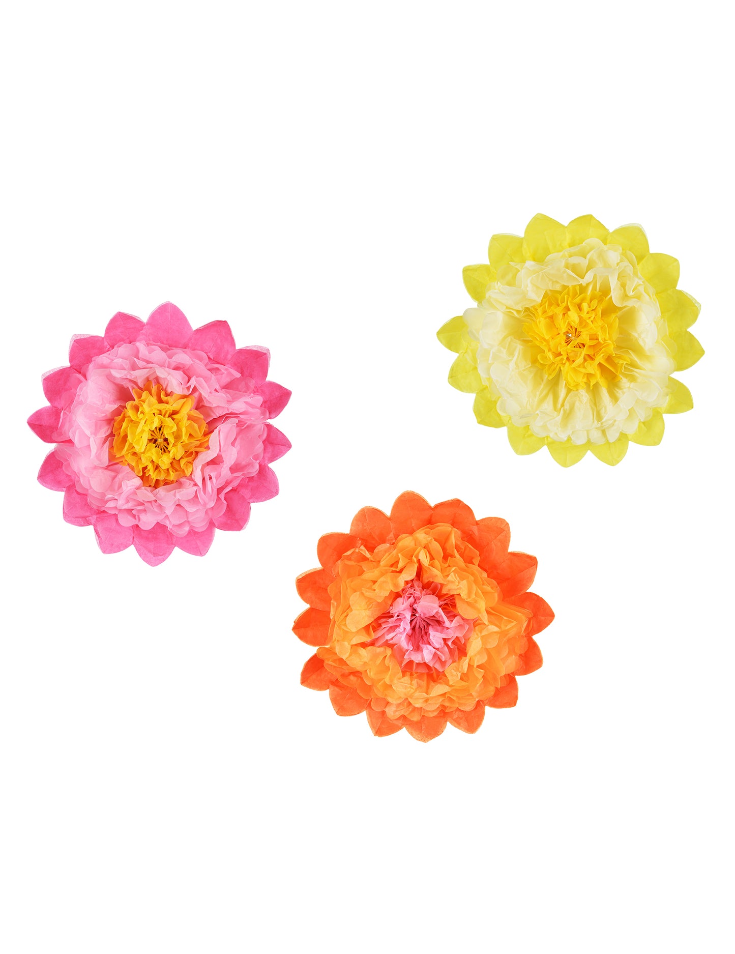 3 velké obří papírové květy v růžové, žluté a oranžové 35 cm pověsit