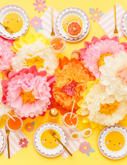 3 velké obří papírové květy v růžové, žluté a oranžové 35 cm pověsit