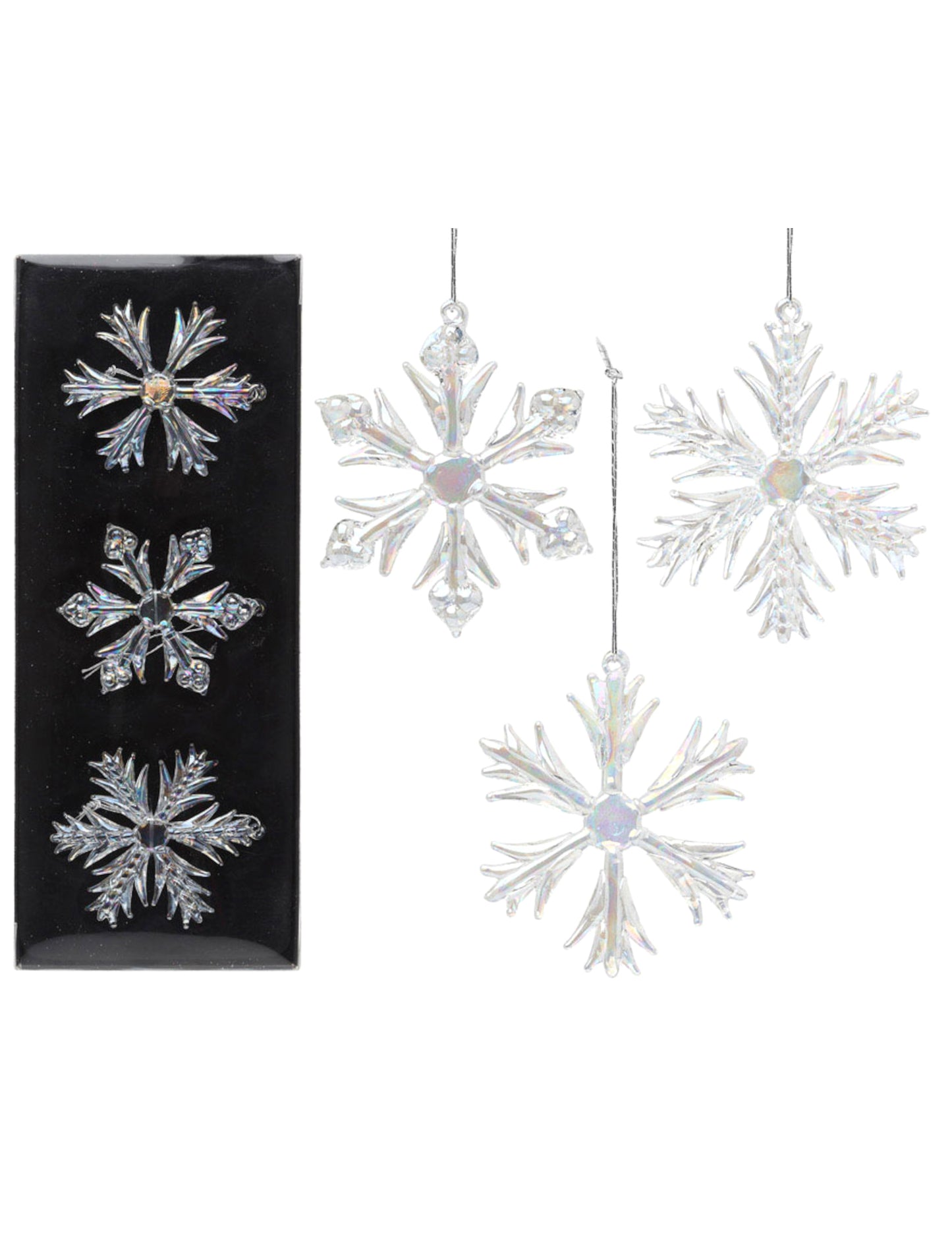3 duhové skleněné sněhové vločky k zavěšení 7 cm