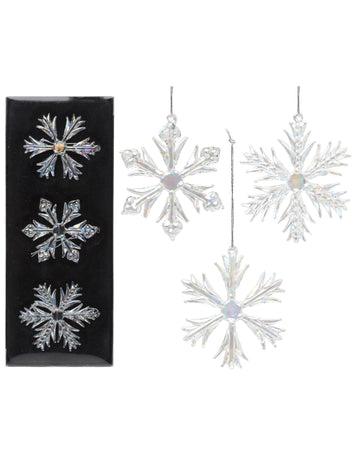 3 duhové skleněné sněhové vločky k zavěšení 7 cm