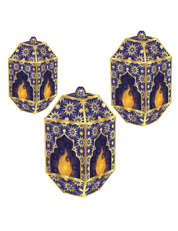 3 modré a zlaté papírové lucerny Eid Mubarak 20, 24 a 28 cm pověsit