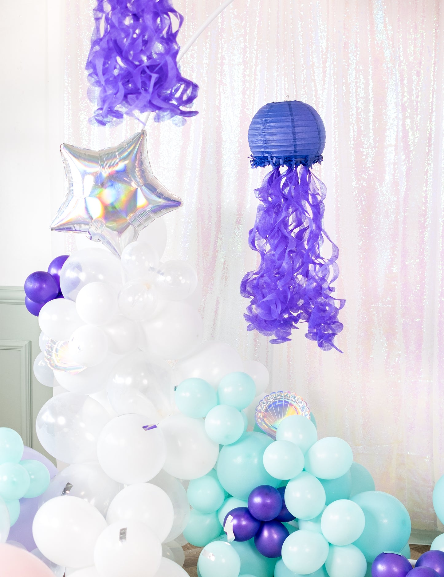 3 lanternes en papier méduses rêves de sirène 24 cm bleu violet vert