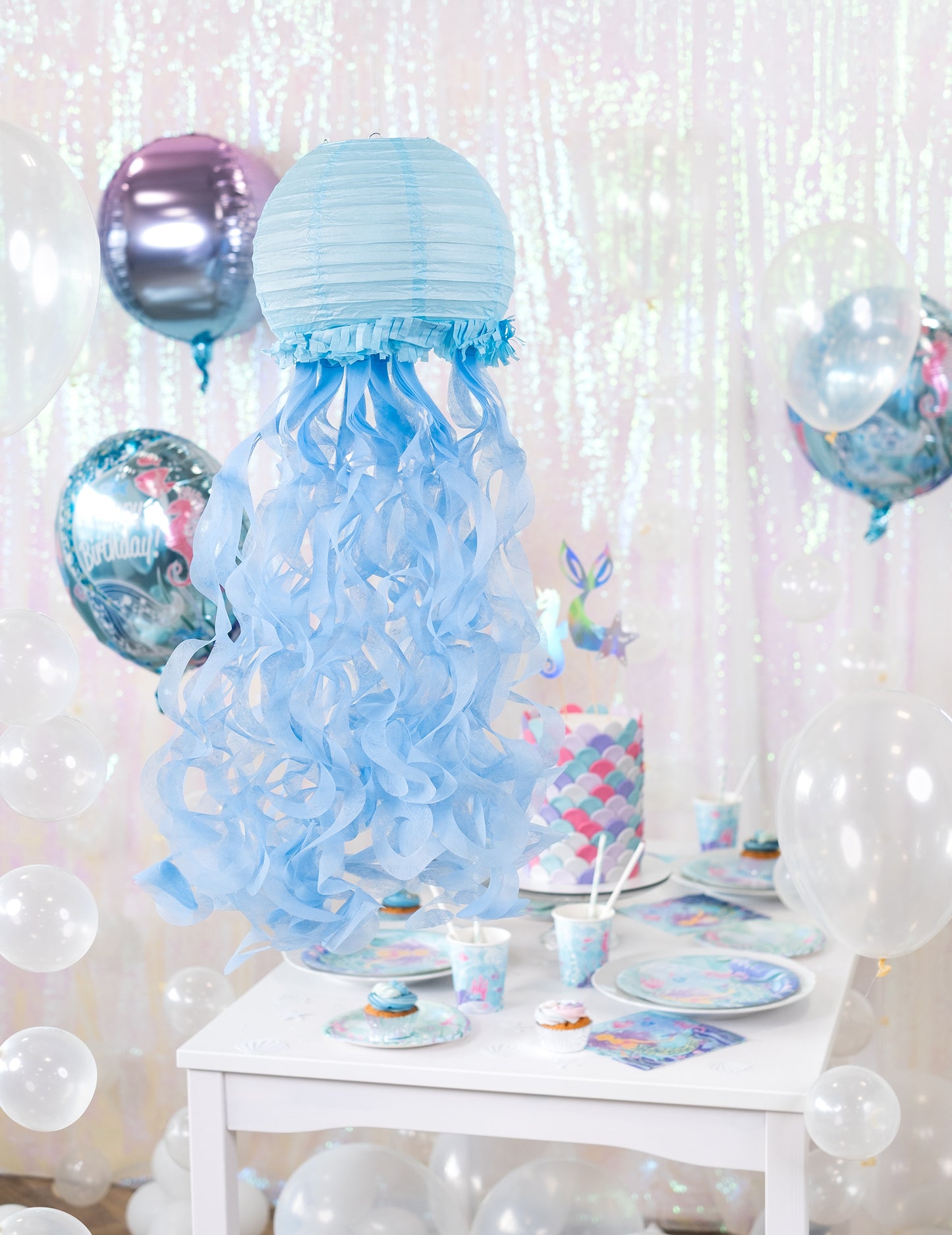 3 lanternes en papier méduses rêves de sirène 24 cm bleu violet vert