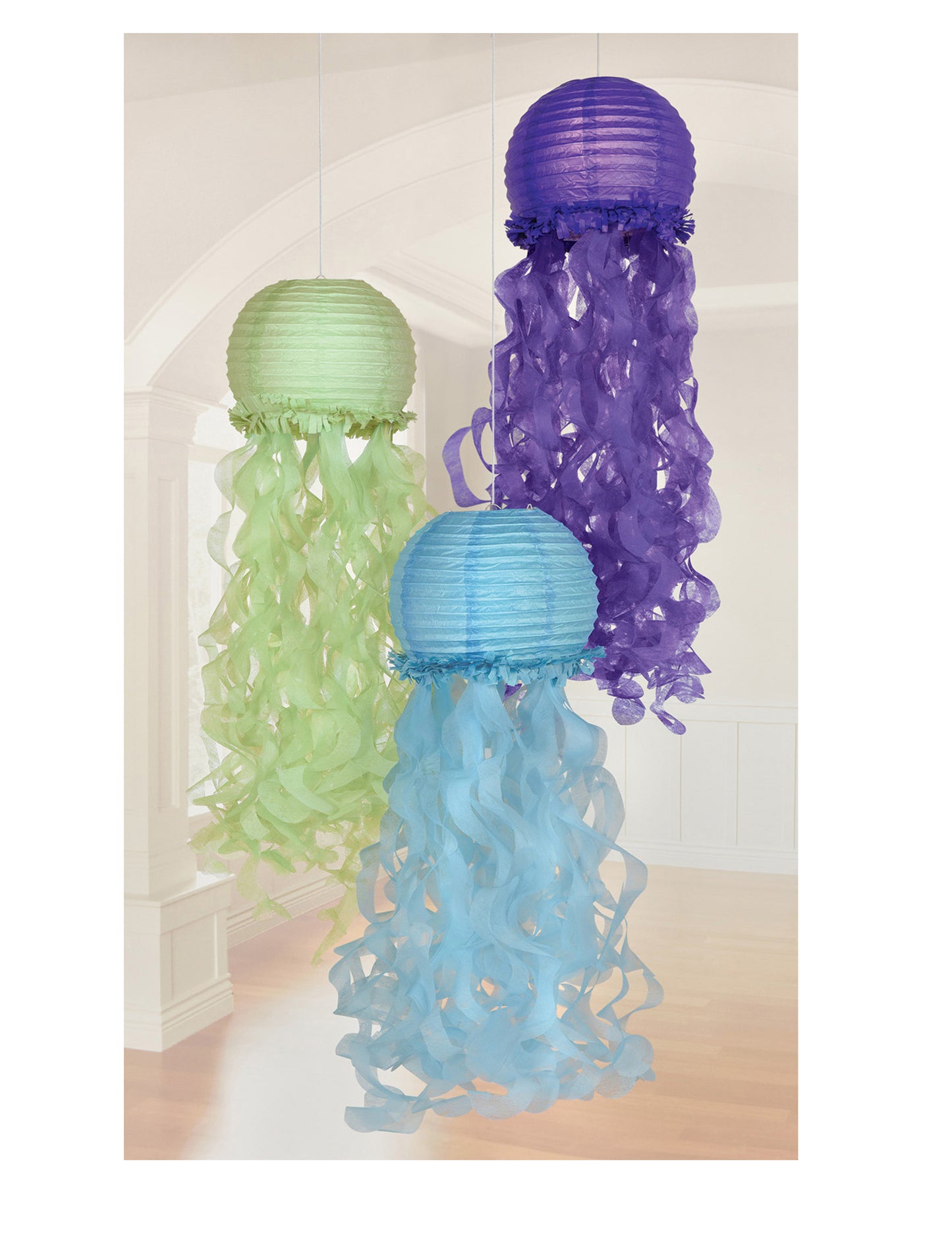 3 lanternes en papier méduses rêves de sirène 24 cm bleu violet vert