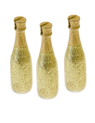 3 marque-places bouteille de champagne pour fête doré à paillettes
