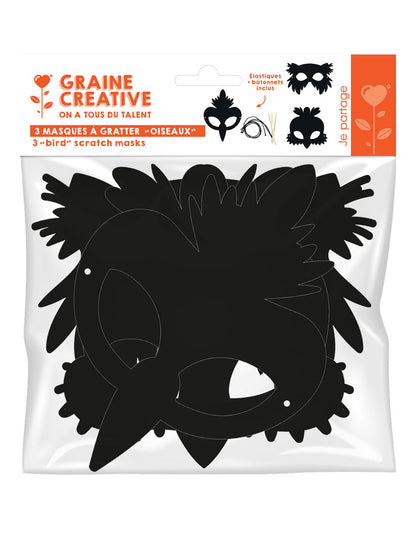 3 ploché kartonové masky na škrábání ptáků s gumičkami