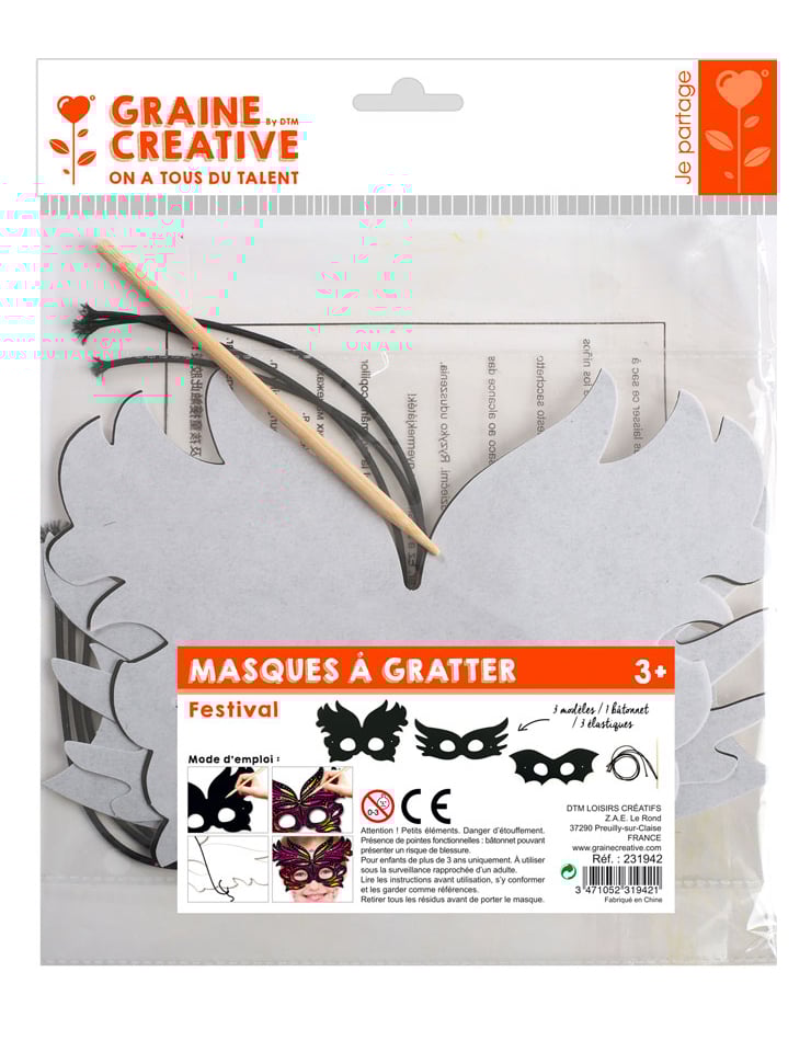 3 ploché kartonové škrabací masky pro kreativní festival volného času