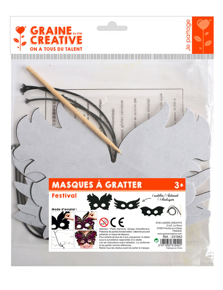 Vue de l'emballage du 3 masques plats à gratter en carton festival loisir créatif