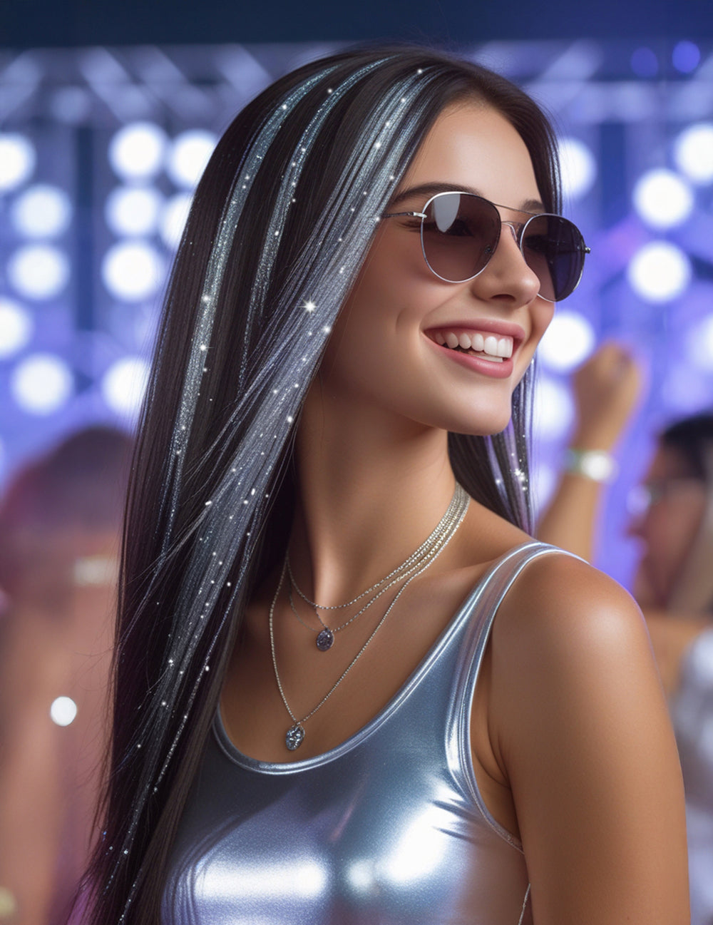 Vue de profil des mèches brillantes pour femme argentées