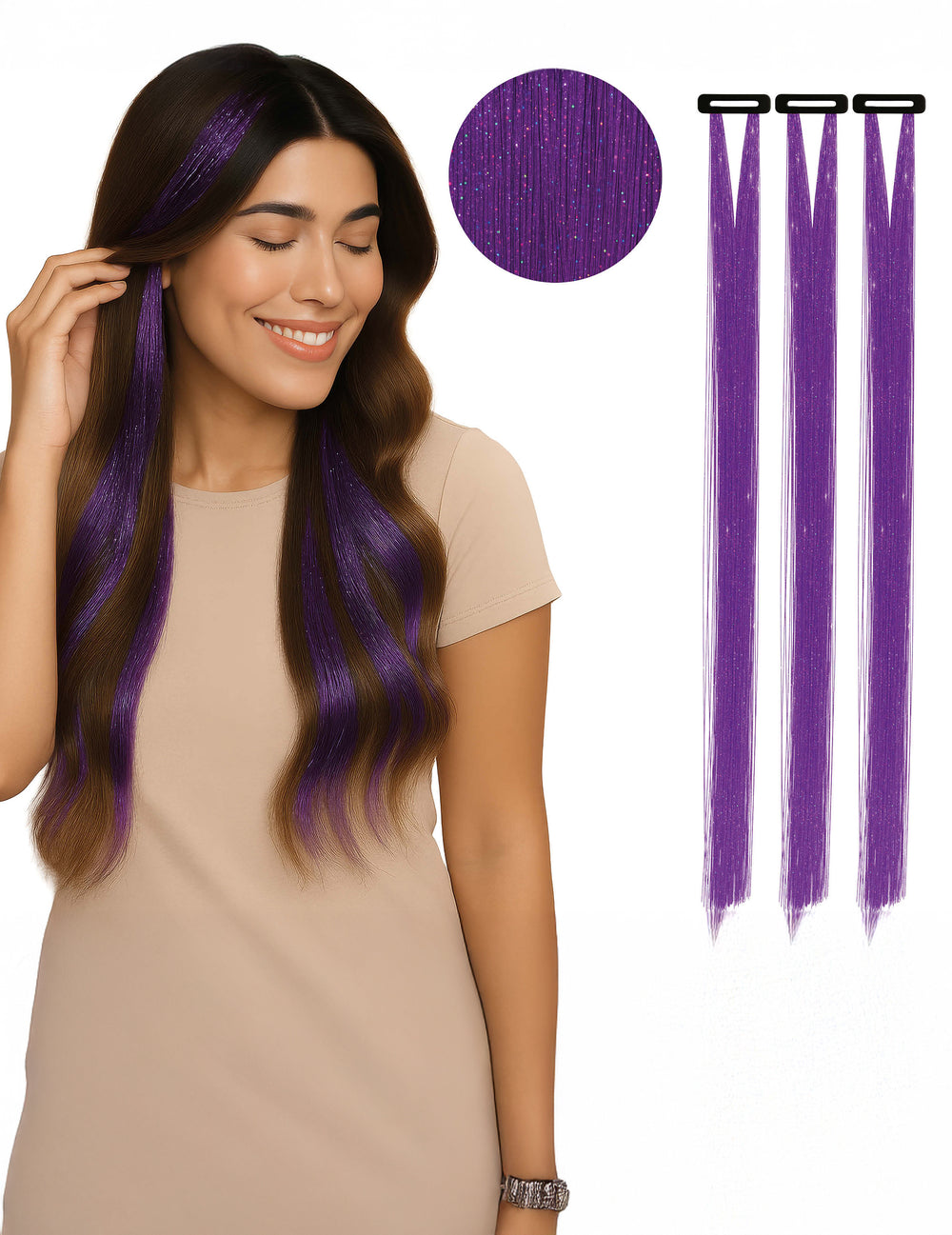 3 mèches brillantes pour femme violettes