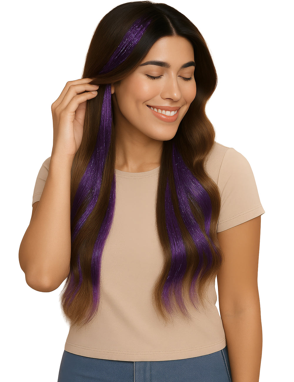 Détail du rendu scintillant des 3 mèches brillantes pour femme violettes