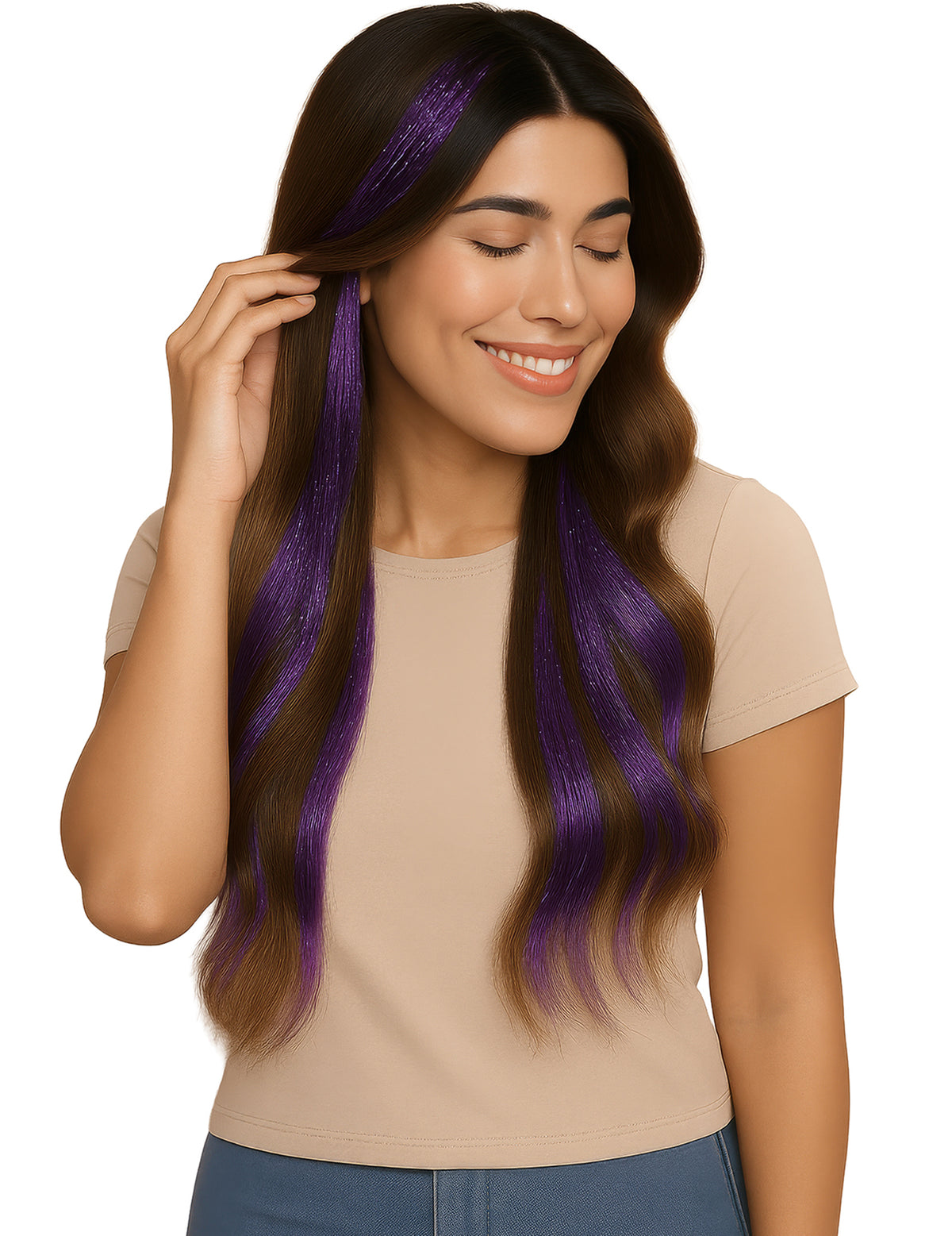 Détail du rendu scintillant des 3 mèches brillantes pour femme violettes