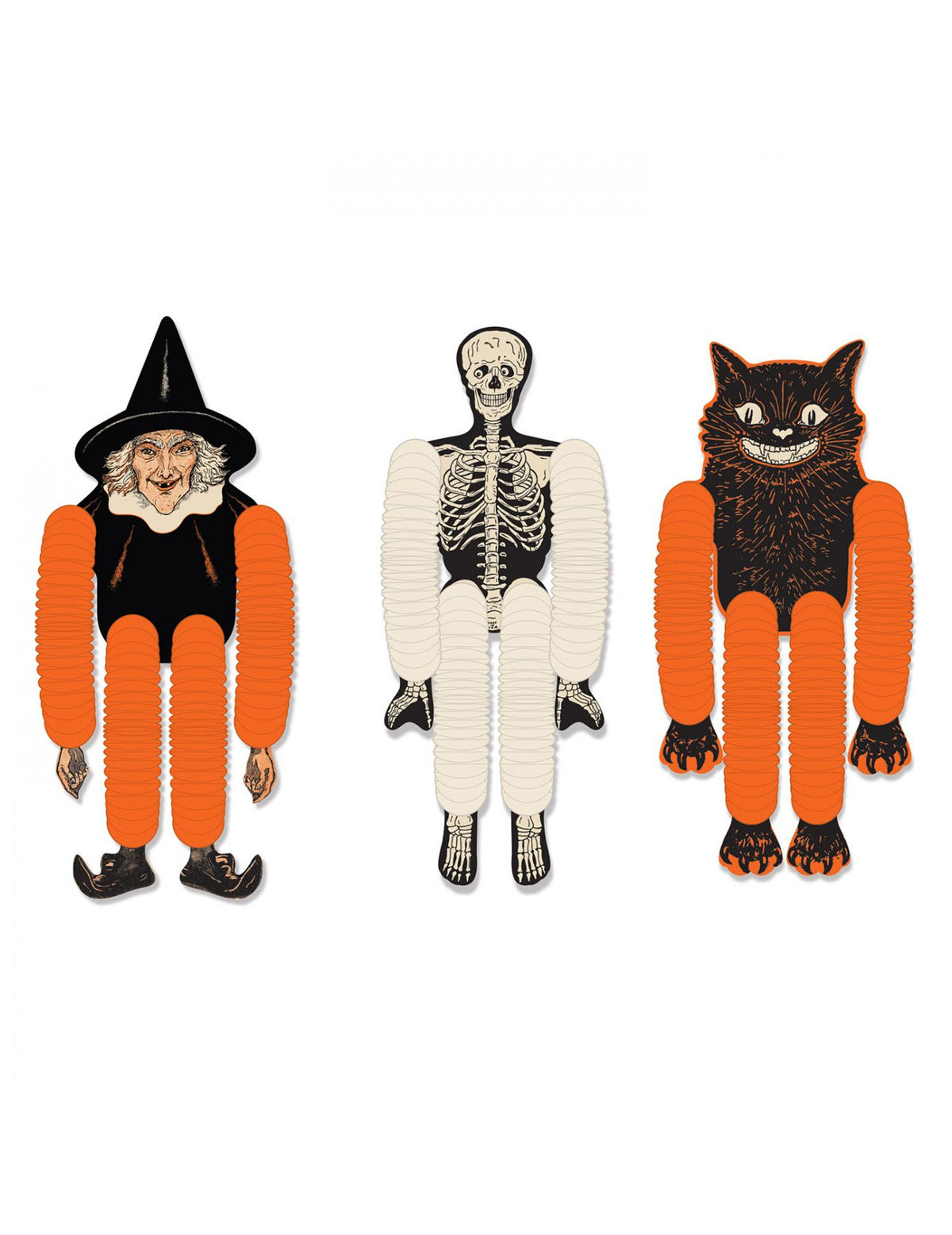 Pantins en papier à suspendre Halloween sorcière squelette pour décoration orange noir et blanc avec chat noir