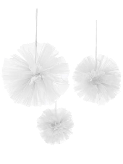 3 Pompons à suspendre en tulle pour fête blanc