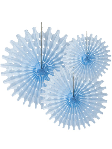 3 nebesky modré papírové vějířové rozety 20, 25 a 30 cm