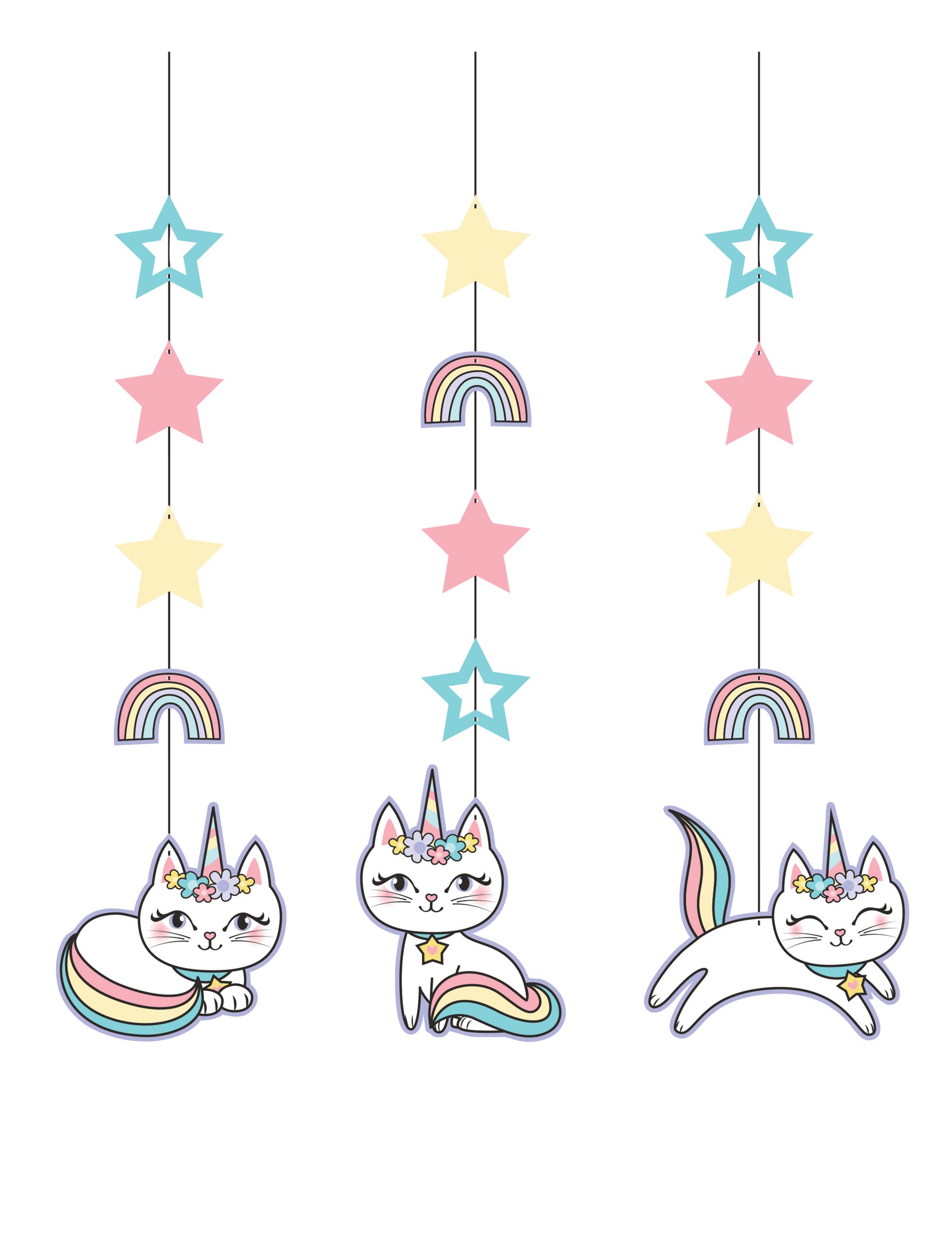 Suspensions en carton caticorn pour anniversaire pastel avec étoiles et arcs-en-ciel