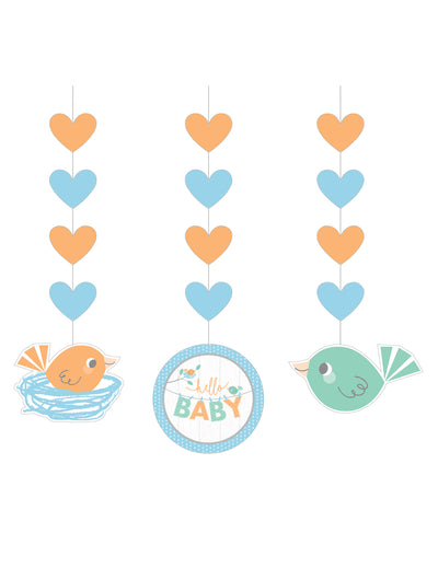 3 suspensions en papier Hello Baby pour baby shower bleues et orange avec oiseaux et cœurs