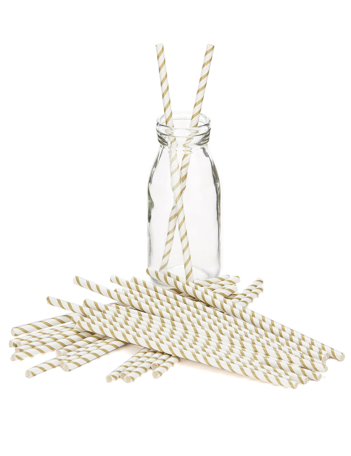 Mise en situation dans une bouteille des pailles rayées en carton pour fête or