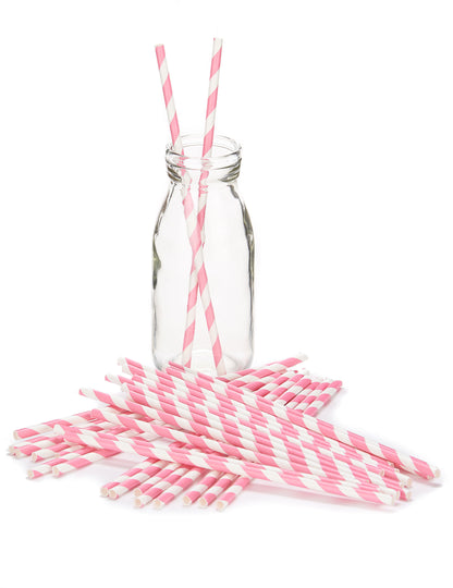 30 retro růžovo-bílé pruhované papírové brčka 19,5 cm 